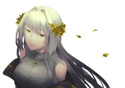 Rule 34 | 1girl, android, black jacket, breasts, clothing cutout, commentary, english commentary, flower, from above, grey sweater, hair flower, hair ornament, head tilt, highres, indie virtual youtuber, jacket, falling leaves, long hair, looking to the side, medium breasts, off shoulder, shoulder cutout, solo, sweater, the cecile (vtuber), virtual youtuber, white background, yellow eyes, yormund