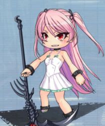 Rule 34 | 1girl, animated, animated gif, blush, chibi, demon girl, dress, fangs, felicia (taimanin kurenai), full body, holding, holding scythe, holding weapon, lilith-soft, long hair, lowres, pink hair, pointy ears, red eyes, scythe, smile, solo, taimanin (series), taimanin kurenai, taimanin rpgx, twintails, very long hair, weapon, white dress