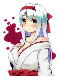 Rule 34 | 10s, 1girl, bad id, bad pixiv id, blush, breasts, cleavage, green eyes, hairband, japanese clothes, kantai collection, kona sleipnir, large breasts, long hair, looking at viewer, off shoulder, shoukaku (kancolle), solo, white hair