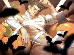 Rule 34 | 1boy, abs, armpit hair, axe, bandages, bandages, bandaid, bandaid on face, bara, bare pectorals, bat (animal), blush, brown hair, bulge, chiizu namasu, convenient censoring, erection, erection under clothes, feet out of frame, ace attorney, halloween, halloween costume, highres, dick gumshoe, jack-o&#039;-lantern, large pectorals, male focus, muscular, naked bandage, navel, navel hair, nipples, pectorals, pumpkin, revealing clothes, short hair, sideburns, solo, spread legs, thick thighs, thighs