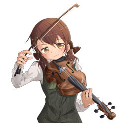 Rule 34 | 1girl, absurdres, blush, bow, bow (music), brown bow, brown hair, hair bow, highres, holding, holding bow (music), instrument, juni argiano, long sleeves, massigura, medium hair, music, playing instrument, quartett!, school uniform, shirt, short twintails, simple background, smile, solo, twintails, vest, viola (instrument), white background, white shirt, yellow eyes