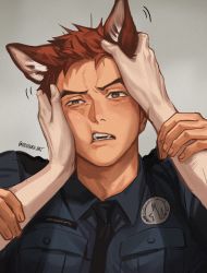 Rule 34 | 1boy, animal ears, artist name, bara, blush, brown eyes, dog boy, dog ears, etceteraart, fangs, hand on another&#039;s head, highres, muscular, muscular male, necktie, original, pectorals, petting, police, police uniform, policeman, red hair, rubbing, thick eyebrows, uniform