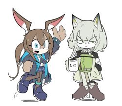 2girls amiya_(arknights) animal_ears arknights blue_footwear blue_jacket blue_skirt brown_footwear brown_hair cat_ears cat_girl commentary_request dress furrification furry furry_female green_dress grey_hair highres jacket kal&#039;tsit_(arknights) korean_commentary long_hair long_sleeves malrangdonut medium_hair miniskirt multiple_girls ponytail rabbit_ears rabbit_girl simple_background skirt sonic_(series) white_background