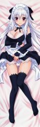 Rule 34 | 1girl, absurdres, anegawa koharu, bed, bed sheet, black thighhighs, blush, breasts, cleavage, clothes lift, dakimakura (medium), detached sleeves, from above, full body, highres, huge filesize, knees together feet apart, large breasts, long image, looking at viewer, lying, maid, maid headdress, mutsumi masato, on back, on bed, original, panties, pink eyes, see-through, skirt, skirt lift, solo, tall image, thighhighs, underwear, upskirt, white hair, white panties, wrist cuffs