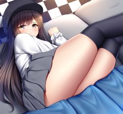 Rule 34 | 1girl, black hat, blue thighhighs, blush, brown eyes, brown hair, checkered floor, closed mouth, couch, grey skirt, hat, highres, long hair, long sleeves, looking at viewer, lying, on side, original, pleated skirt, shirt, signature, sitting, skirt, solo, thighhighs, thighs, white shirt, wsman