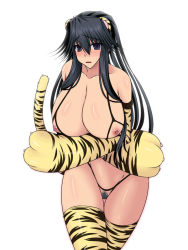 Rule 34 | 1girl, animal ears, animal hands, animal print, black hair, blush, breasts, crotchless, elbow gloves, female pubic hair, gloves, huge breasts, long hair, looking at viewer, nipples, paw gloves, pubic hair, purple eyes, pussy, solo, soushin souma, thighhighs, tiger ears, tiger print