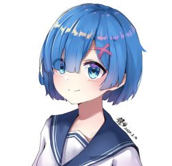 Rule 34 | 1girl, blue eyes, blue hair, blush, breasts, commentary request, dated, dl lizijiang, hair ornament, hair over one eye, looking at viewer, portrait, re:zero kara hajimeru isekai seikatsu, rem (re:zero), shirt, short hair, simple background, smile, solo, white background, white shirt, x hair ornament