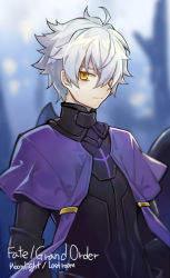 Rule 34 | 1boy, ahoge, armor, black armor, cape, closed mouth, commentary request, fate/grand order, fate (series), galahad (fate), hair between eyes, hair over one eye, highres, holding, holding shield, holding weapon, knight, looking at viewer, male focus, purple cape, shield, silver hair, sin (btc86amme), solo, weapon, yellow eyes