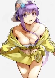 Rule 34 | 1girl, backwards hat, bare shoulders, baseball cap, bb (fate), bb (fate) (all), bb (swimsuit mooncancer) (fate), bb (swimsuit mooncancer) (first ascension) (fate), bikini, breasts, cleavage, collarbone, commentary request, fate/grand order, fate (series), hat, hat ornament, highres, jacket, large breasts, long hair, long sleeves, looking at viewer, open mouth, purple eyes, purple hair, skirt, smile, solo, star (symbol), star hat ornament, swimsuit, thighs, very long hair, white bikini, yellow jacket, yellow skirt, yoshio (55level)