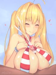 Rule 34 | 10s, 1boy, 1girl, ahoge, bar censor, bare shoulders, bead bracelet, beads, bikini, blonde hair, blue background, blush, bracelet, breasts, censored, cleavage, closed eyes, commentary request, cum, dated, ejaculation, fate/extra, fate/grand order, fate (series), hair intakes, halterneck, hands on own chest, heart, hetero, jewelry, kuavera, large breasts, long hair, mosaic censoring, nero claudius (fate), nero claudius (fate) (all), nero claudius (swimsuit caster) (fate), paizuri, penis, projectile cum, red bikini, shiny skin, sideboob, signature, smile, string bikini, swimsuit, twintails
