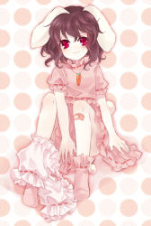 Rule 34 | 1girl, animal ears, bad id, bad pixiv id, bandaid, black hair, bloomers, bloomers around one leg, blush, rabbit ears, female focus, inaba tewi, jewelry, looking at viewer, necklace, neme, outline, polka dot, polka dot background, red eyes, short hair, skirt, smile, solo, touhou, underwear