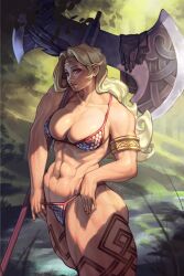 Rule 34 | 1girl, abs, adjusting clothes, amazon (dragon&#039;s crown), armlet, armor, axe, bikini armor, blonde hair, breasts, circlet, cleavage, dragon&#039;s crown, halberd, highres, large breasts, looking at viewer, muscular, muscular female, parted lips, polearm, purple eyes, rim jims, solo, tattoo, thick thighs, thighs, wavy hair, weapon