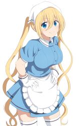 Rule 34 | 1girl, absurdres, apron, blend s, blonde hair, blue eyes, blue shirt, breasts, crust gm0, frilled apron, frills, gloves, hair between eyes, head scarf, highres, hinata kaho, large breasts, long hair, looking at viewer, shirt, short sleeves, simple background, smile, solo, stile uniform, thighhighs, twintails, waist apron, waitress, white apron, white background, white gloves, white thighhighs