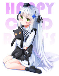 Rule 34 | 1girl, :&lt;, absurdres, aged down, apron, bad id, bad pixiv id, black apron, black footwear, black ribbon, black socks, blunt bangs, blush, bow, bowtie, checkered bow, checkered bowtie, checkered clothes, checkered neckwear, closed mouth, collared dress, commentary, cross hair ornament, dress, facial mark, frilled apron, frills, full body, girls&#039; frontline, green eyes, hair ornament, hair ribbon, half updo, hareriya, hat, highres, hk416 (black kitty&#039;s gift) (girls&#039; frontline), hk416 (girls&#039; frontline), hugging doll, hugging object, loafers, long hair, long sleeves, looking at viewer, mini hat, official alternate costume, ribbon, shadow, shoes, sidelocks, silver hair, sitting, socks, solo, striped clothes, striped socks, stuffed animal, stuffed cat, stuffed toy, teardrop, vertical-striped clothes, vertical-striped socks, very long hair, wariza, white background, white dress