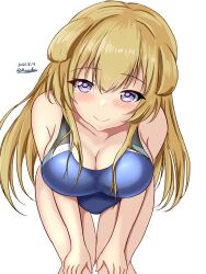 Rule 34 | 1girl, black one-piece swimsuit, blonde hair, blue one-piece swimsuit, breasts, competition swimsuit, covered navel, dated, double bun, fletcher (kancolle), hair bun, highleg, highleg swimsuit, highres, impossible clothes, impossible swimsuit, kantai collection, large breasts, long hair, looking at viewer, montemasa, multicolored clothes, multicolored swimsuit, one-piece swimsuit, purple eyes, simple background, smile, solo, swimsuit, twitter username, two-tone swimsuit, white background