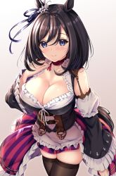 Rule 34 | 1girl, animal ears, belt, black hair, black thighhighs, blue eyes, blush, breasts, brown belt, choker, cleavage, closed mouth, cowboy shot, detached sleeves, dirndl, eishin flash (umamusume), frilled sleeves, frills, fukuda shuushi, german clothes, gradient background, highres, horse ears, horse girl, horse tail, large breasts, red choker, red skirt, short hair, skindentation, skirt, smile, solo, striped clothes, striped skirt, tail, thighhighs, umamusume, vertical-striped clothes, vertical-striped skirt
