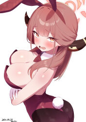 Rule 34 | 1girl, absurdres, alternate costume, animal ears, aru (blue archive), blue archive, blush, bow, bowtie, breasts, brown horns, brown pantyhose, cleavage, commentary request, dandan (uaee4742), dated, detached collar, fake animal ears, gloves, halo, highres, horns, large breasts, leotard, looking at viewer, medium hair, open mouth, pantyhose, playboy bunny, rabbit ears, red bow, red bowtie, red hair, red halo, red leotard, simple background, tears, twitter username, wavy mouth, white background, white gloves