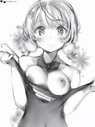 Rule 34 | 1girl, bad id, bad pixiv id, bare arms, bare shoulders, blush, bow, bowtie, breasts, breasts out, closed mouth, floral background, greyscale, hair ornament, highres, indie virtual youtuber, looking at viewer, low twintails, medium breasts, monochrome, nanashi (nlo), nipples, pom pom (clothes), pom pom hair ornament, shigure ui (channel), shigure ui (vtuber), short hair, smile, solo, sweat, torn clothes, twintails, upper body, virtual youtuber