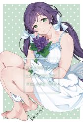 Rule 34 | 1girl, alternate costume, arm between legs, artist name, bare shoulders, breasts, character name, collarbone, commentary, dress, feet, flower, gloves, green eyes, hair tie, happy birthday, head tilt, highres, holding, holding flower, kate iwana, crossed legs, long hair, looking at viewer, love live!, love live! school idol festival, love live! school idol project, low twintails, medium breasts, parted lips, purple hair, scrunchie, sitting, solo, toenails, toes, tojo nozomi, twintails, white dress, white gloves
