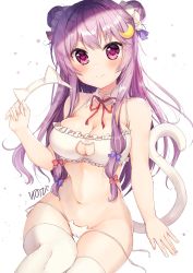 Rule 34 | 1girl, absurdres, bad id, bad pixiv id, bare shoulders, blue bow, blue ribbon, blush, bow, bra, breasts, cat cutout, cat lingerie, cleavage, cleavage cutout, clothing cutout, collar, crescent, crescent hair ornament, double bun, hair bow, hair bun, hair ornament, hair ribbon, headband, unworn headband, heart, heart-shaped pupils, highres, large breasts, light particles, long hair, looking at viewer, meme attire, navel, nenobi (nenorium), no headwear, no headwear, on bed, panties, patchouli knowledge, purple eyes, purple hair, red bow, red neckwear, red ribbon, ribbon, signature, simple background, sitting, smile, solo, star (symbol), symbol-shaped pupils, tail, thighhighs, thighs, touhou, underwear, underwear only, very long hair, white background, white bra, white collar, white headband, white panties, white tail, white thighhighs