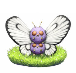 Rule 34 | antennae, body fur, butterfly wings, butterfree, butterfree (cosplay), commentary request, cosplay, creatures (company), fangs, flower, game freak, gen 1 pokemon, grass, hisakichi, insect wings, looking at viewer, nintendo, no humans, on head, pokemon, pokemon (creature), pokemon on head, red eyes, standing, teeth, venonat, white background, wings