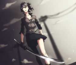 Rule 34 | 1girl, black eyes, black hair, breasts, cleavage, cloud, dogs: bullets &amp; carnage, dutch angle, from below, fuyumine naoto, gloves, katana, lens flare, popped collar, power lines, rika-tyan, scar, short hair, skirt, solo, sword, weapon, wind