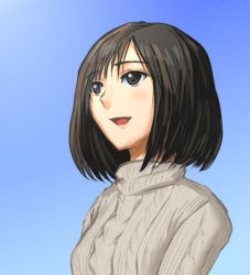 Rule 34 | 1girl, aran sweater, black hair, blue sky, blush, cable knit, gradient background, harasaki nozomi, lowres, nose, shenmue, shenmue i, short hair, sky, smile, solo, stmk64, sweater, turtleneck