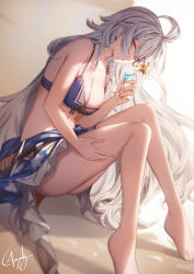Rule 34 | 1girl, ahoge, bare legs, bare shoulders, barefoot, bikini, bikini top only, blue bikini, braid, breasts, brown eyes, cleavage, collarbone, cup, dagger, dutch angle, flower, genyaky, granblue fantasy, hair between eyes, hand on own thigh, hand up, highres, holding, holding cup, knees up, knife, large breasts, long hair, looking at viewer, parted lips, print sarong, sarong, sheath, sheathed, signature, silva (granblue fantasy), simple background, sitting, solo, stomach, swimsuit, twin braids, underwear, very long hair, weapon