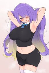 Rule 34 | 1girl, armpits, black shorts, blush, breasts, crop top, hair over one eye, hands in hair, highres, hololive, hololive indonesia, large breasts, long hair, midriff, moona hoshinova, navel, purple eyes, purple hair, shorts, sleeveless, suica koubou, sweat, thighhighs, virtual youtuber, white thighhighs