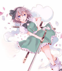 Rule 34 | 1girl, :o, black bow, black hairband, black ribbon, blue eyes, bow, cherry blossoms, commentary request, dutch angle, frilled skirt, frills, ghost, ghost tail, green skirt, green vest, grey hair, hairband, highres, hitodama, holding, holding sword, holding weapon, katana, konpaku youmu, konpaku youmu (ghost), looking at viewer, open mouth, petals, puffy short sleeves, puffy sleeves, ribbon, sheath, sheathed, shirt, short hair, short sleeves, simple background, skirt, solo, sword, touhou, vest, wakizashi, weapon, white background, white shirt, xxxx saki