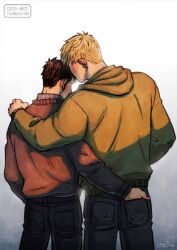 Rule 34 | 2boys, back, back focus, bad id, bad tumblr id, bara, black hair, blonde hair, blush, couple, cris art, denim, ear blush, ear piercing, feet out of frame, from behind, hand in another&#039;s pocket, hand on another&#039;s shoulder, head kiss, hood, hood down, hulkling, jeans, long sideburns, male focus, marvel, multiple boys, pants, pectorals, piercing, short hair, sideburns, sweater, thick eyebrows, toned, toned male, wiccan, yaoi