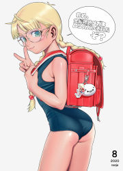 Rule 34 | 1girl, absurdres, ass, backpack, bag, blonde hair, blue eyes, blue one-piece swimsuit, commentary request, cowboy shot, dark-skinned female, dark skin, dated, female focus, glasses, grey background, highres, long hair, looking at viewer, low twintails, nanja, one-piece swimsuit, original, randoseru, school swimsuit, simple background, solo, standing, swimsuit, tan, translation request, twintails, v