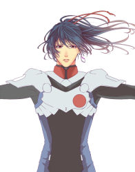 Rule 34 | 1boy, blue hair, bodysuit, brown eyes, earrings, jewelry, long hair, looking at viewer, macross, macross frontier, male focus, outstretched arms, parted lips, pilot suit, ponytail, ramta, saotome alto, simple background, upper body, white background, wind