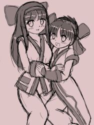Rule 34 | 2girls, ainu clothes, breasts, fingerless gloves, gloves, hair ribbon, happy, height difference, highres, hug, legs, long hair, looking at viewer, medium breasts, monochrome, multiple girls, nakoruru, open mouth, pants, ribbon, rimururu, samurai spirits, short hair, siblings, sisters, small breasts, smile, snk, solo, thighs