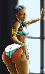 Rule 34 | 1girl, artist name, ass, ass focus, back, black hair, blue arms, blue eyes, body blush, bracelet, breasts, dark-skinned female, dark skin, earrings, forehead, gold choker, highres, jewelry, long hair, looking at viewer, looking back, mach breakers, midriff, namco, numan athletics, shiny skin, smile, sophia rayleigh, sports bikini, sweat, thick lips, thick thighs, thighs, toned