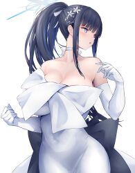 Rule 34 | 1girl, absurdres, black hair, blue archive, blue eyes, blush, breasts, choker, cleavage, dress, elbow gloves, gloves, hair ornament, halo, highres, large breasts, long hair, looking to the side, official alternate costume, ponytail, saori (blue archive), saori (dress) (blue archive), solo, white background, white choker, white dress, white gloves, yuuki shuri