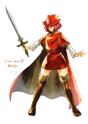 Rule 34 | absurdres, boots, cape, final fantasy, final fantasy v, green eyes, hat, highres, holding, holding sword, holding weapon, komugiko no mori, lenna charlotte tycoon, pink hair, red cape, red footwear, red hat, red mage (final fantasy), short hair, sword, thigh boots, weapon