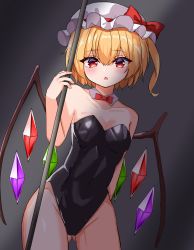 Rule 34 | 1girl, absurdres, alternate costume, bare shoulders, blonde hair, blush, bow, bowtie, breasts, cleavage, cowboy shot, crystal, flandre scarlet, gem, hat, highres, kiui (dagk8254), leotard, looking at viewer, medium breasts, mob cap, nontraditional playboy bunny, open mouth, playboy bunny, pole, red eyes, short hair, solo, standing, touhou, traditional bowtie, wide sleeves, wings