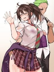 Rule 34 | 1boy, 1girl, ahoge, black pants, blush, bra visible through clothes, breasts, brown hair, closed eyes, grabbing another&#039;s ass, green hair, groping, hands on ass, highres, large breasts, miniskirt, necktie, original, panties, pants, pleated skirt, school uniform, shiro maru, shirt, short hair, side-tie panties, skirt, smile, sweat, underwear, waving, wet, wet clothes, wet shirt, white shirt