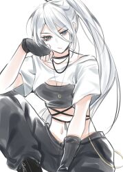 Rule 34 | 1girl, a2 (nier:automata), alternate hairstyle, black choker, black gloves, black pants, blue eyes, breasts, choker, cleavage, closed mouth, collarbone, commentary, cropped shirt, english commentary, fingerless gloves, gloves, hair between eyes, hora k, invisible chair, jewelry, long hair, looking at viewer, medium breasts, midriff, mole, mole under mouth, navel, necklace, nier:automata, nier (series), pants, ponytail, sidelocks, simple background, sitting, solo, white background, white hair