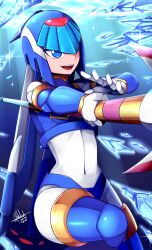 Rule 34 | 1girl, absurdres, android, blue eyes, crystal, gloves, helmet, highres, holding, holding polearm, holding weapon, ice, leg up, fairy leviathan (mega man), mega man (series), mega man x (series), mega man x dive, mega man zero (series), nanayaryuoo, open mouth, polearm, robot, robot girl, signature, smile, spear, thighhighs, underwater, water, weapon, white gloves