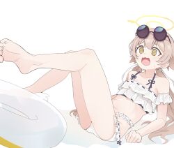 Rule 34 | 1girl, @ @, bare legs, bare shoulders, barefoot, bikini, blue archive, blush, collarbone, eyewear on head, flat chest, frilled bikini, frills, halo, hifumi (blue archive), hifumi (swimsuit) (blue archive), highres, innertube, light brown hair, long hair, low twintails, navel, official alternate costume, open mouth, pearlgang e, round eyewear, simple background, soles, solo, sunglasses, swim ring, swimsuit, toes, twintails, white background, white bikini, yellow eyes, yellow halo