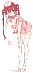 Rule 34 | 1girl, absurdres, alternate costume, bent over, breasts, choker, cleavage, cloba, commentary, commentary request, dress, full body, garter straps, gloves, hat, heart, heterochromia, high heels, highres, holding, holding syringe, hololive, houshou marine, id card, lanyard, large breasts, long hair, looking at viewer, nurse, nurse cap, open mouth, pendant choker, pink dress, red eyes, red hair, revision, short dress, skindentation, solo, spoken heart, syringe, thighhighs, twintails, uniform, virtual youtuber, white choker, white footwear, white gloves, white thighhighs, yellow eyes