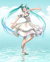Rule 34 | 1girl, :d, ^ ^, aqua eyes, aqua hair, barefoot, blush, breasts, closed eyes, cloud, dress, feet, full body, hair ornament, happy, hatsune miku, kneepits, legs, long hair, nail polish, open mouth, outstretched arms, outstretched hand, revision, see-through silhouette, shiny skin, small breasts, smile, soles, solo, spread arms, standing, standing on liquid, standing on one leg, toenail polish, toenails, toes, twintails, very long hair, vocaloid, water, white dress, wokada
