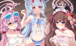 Rule 34 | 3girls, ahoge, bikini, blue archive, blue hair, blunt bangs, bow, breasts, brown hair, camisole, chise (blue archive), chise (swimsuit) (blue archive), cleavage, collarbone, commentary request, eyewear on head, flower, frilled bikini, frills, groin, hair between eyes, hair bobbles, hair bow, hair flower, hair ornament, hair ribbon, halo, heterochromia, horns, hoshino (blue archive), hoshino (swimsuit) (blue archive), long hair, looking at viewer, low twintails, maid headdress, medium breasts, multiple girls, navel, official alternate costume, oni horns, pink hair, purple eyes, red eyes, ribbon, see-through, see-through camisole, shizuko (blue archive), shizuko (swimsuit) (blue archive), sidelocks, sleeveless, spaghetti strap, stomach, striped bikini, striped clothes, sunglasses, swimsuit, twintails, wet, wet clothes, wet swimsuit, yucblossom