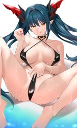 Rule 34 | 1girl, :q, azur lane, barefoot, black choker, black one-piece swimsuit, black slingshot swimsuit, blue hair, breasts, choker, commentary request, hair between eyes, highres, horns, kameponde, large breasts, long hair, looking at viewer, official alternate costume, one-piece swimsuit, pointy ears, reclining, regensburg (azur lane), regensburg (dark dragon brilliant beach) (azur lane), slingshot swimsuit, solo, spread legs, sweat, swimsuit, thighs, tongue, tongue out, twintails, yellow eyes