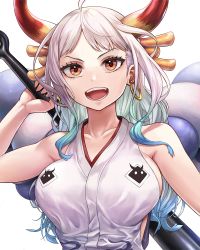 Rule 34 | 1girl, ahoge, aqua hair, bare shoulders, blue hair, breasts, club (weapon), collarbone, curled horns, earrings, gold earrings, gradient hair, hair ornament, hair stick, happy, highres, holding, holding weapon, hoop earrings, horns, japanese clothes, jewelry, kimono, large breasts, long hair, looking at viewer, maazyu, multicolored hair, one piece, oni, oni horns, open mouth, orange eyes, over shoulder, parted bangs, red horns, rope, shimenawa, sideboob, simple background, sleeveless, sleeveless kimono, solo, upper body, wavy hair, weapon, white background, white hair, white kimono, yamato (one piece)