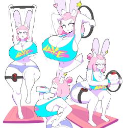 Rule 34 | 1boy, absurdres, ass, bottle, breasts, drinking, exercising, furry, highres, huge breasts, male with breasts, multiple views, nintendo switch, no bra, pb (theycallhimcake), pink hair, rabbit, rabbit ears, rabbit tail, ring fit adventure, squatting, sweat, sweatdrop, tank top, theycallhimcake, underboob, wide hips