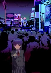 Rule 34 | absurdres, asymmetrical hair, billboard, crowd, from behind, hair ornament, hairclip, half-closed eyes, highres, iwakura lain, looking at viewer, outdoors, outstretched arm, school uniform, serial experiments lain, short hair, sign, skirt, solo focus, yurushiaru