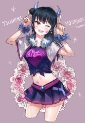 Rule 34 | 1girl, ;d, absurdres, black hair, blush, character name, cowboy shot, cropped legs, earrings, facial mark, fur collar, grey background, hair bun, heart, heart print, highres, horns, hyugo, index finger raised, jewelry, long hair, looking at viewer, love live!, love live! school idol festival, love live! sunshine!!, midriff, miniskirt, miracle wave, navel, one eye closed, open mouth, pleated skirt, red eyes, scrunchie, shirt, side bun, simple background, single side bun, skirt, smile, solo, star (symbol), star earrings, stomach tattoo, tattoo, tied shirt, tsushima yoshiko, wreath, wrist scrunchie